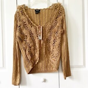 NWT Radzoli crochet feather accent tan gold cardigan sweater